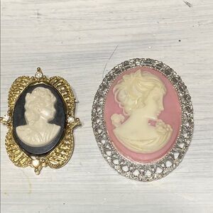 2 Vintage cameos pink & silver tone & gold tone black marble pin pendant brooch